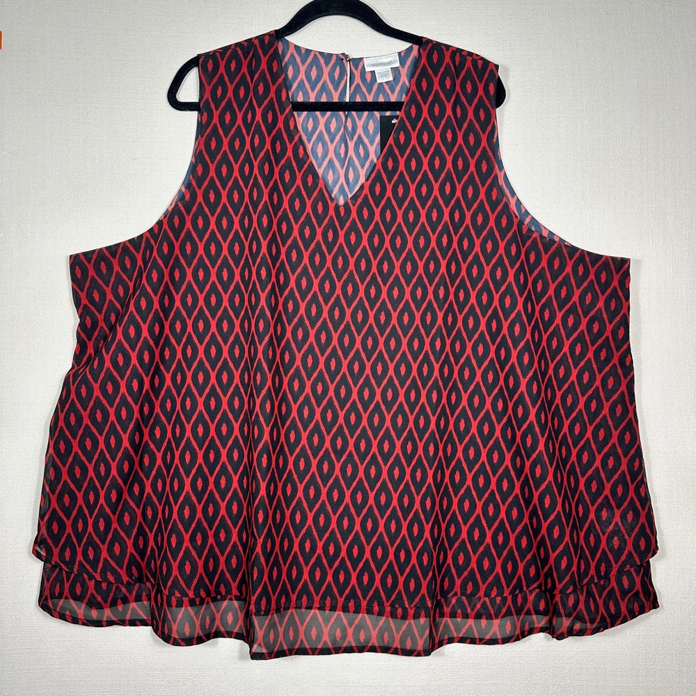 Avenue Sleeveless Blouse Womens 26/28 Red Black New Geometric Tiered V-Neck Top